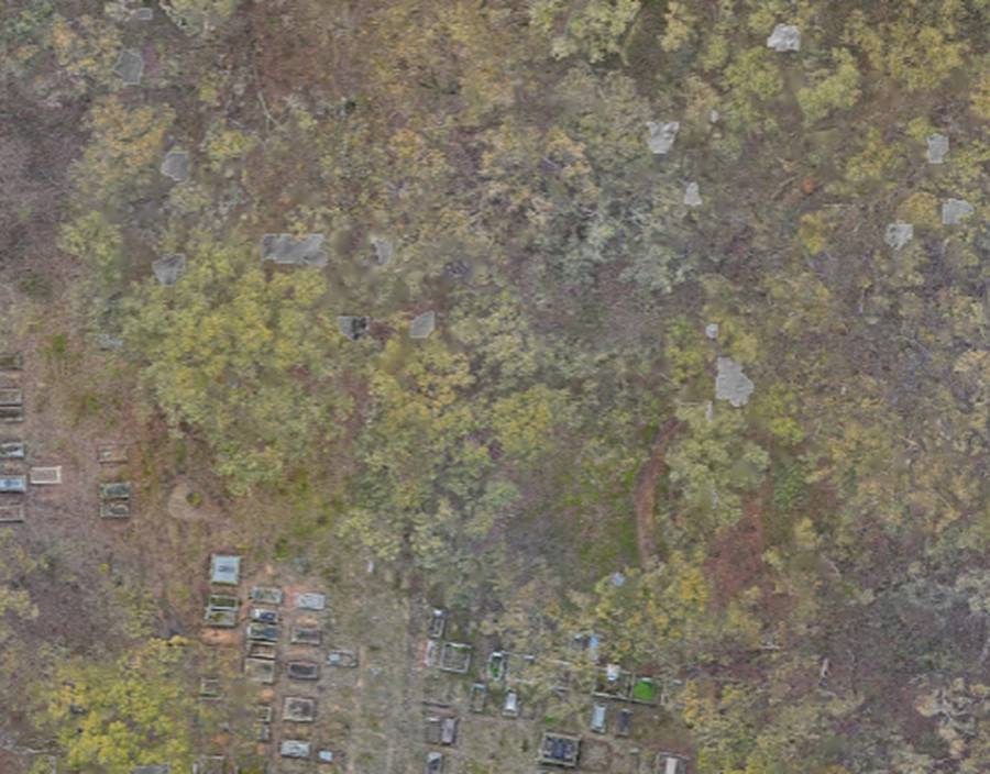 Aerial survey image of the cemetery grounds and surrounding bushland.